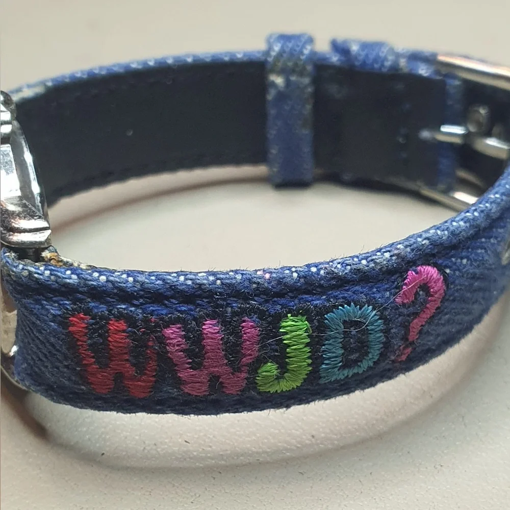 ๐ฆ10/$20๐ฆ Nelsonic WWJD? Silver/White Denim Women's Watch - Picture 3 of 5